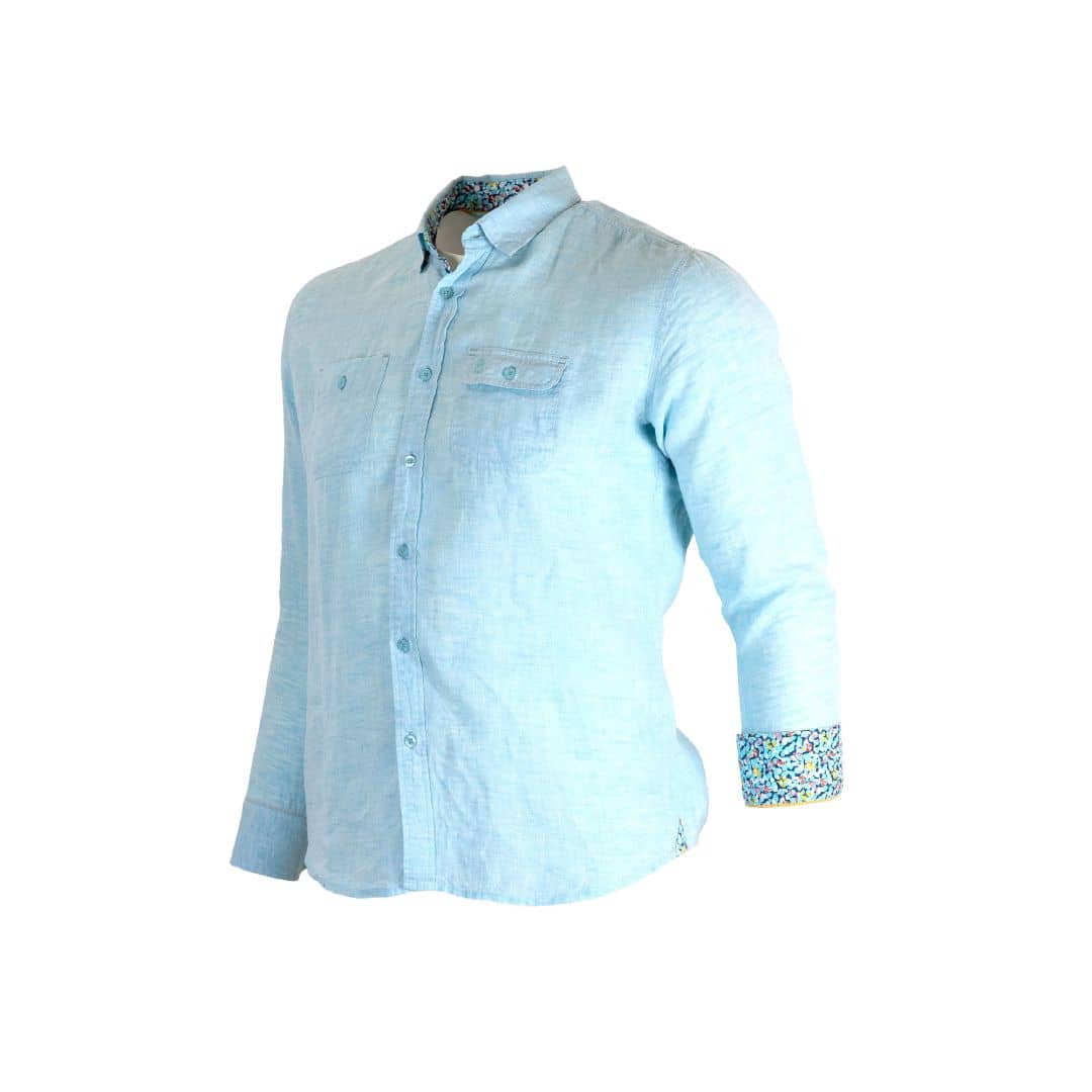 Chemise ml turquoise en lin chiné - Image 3