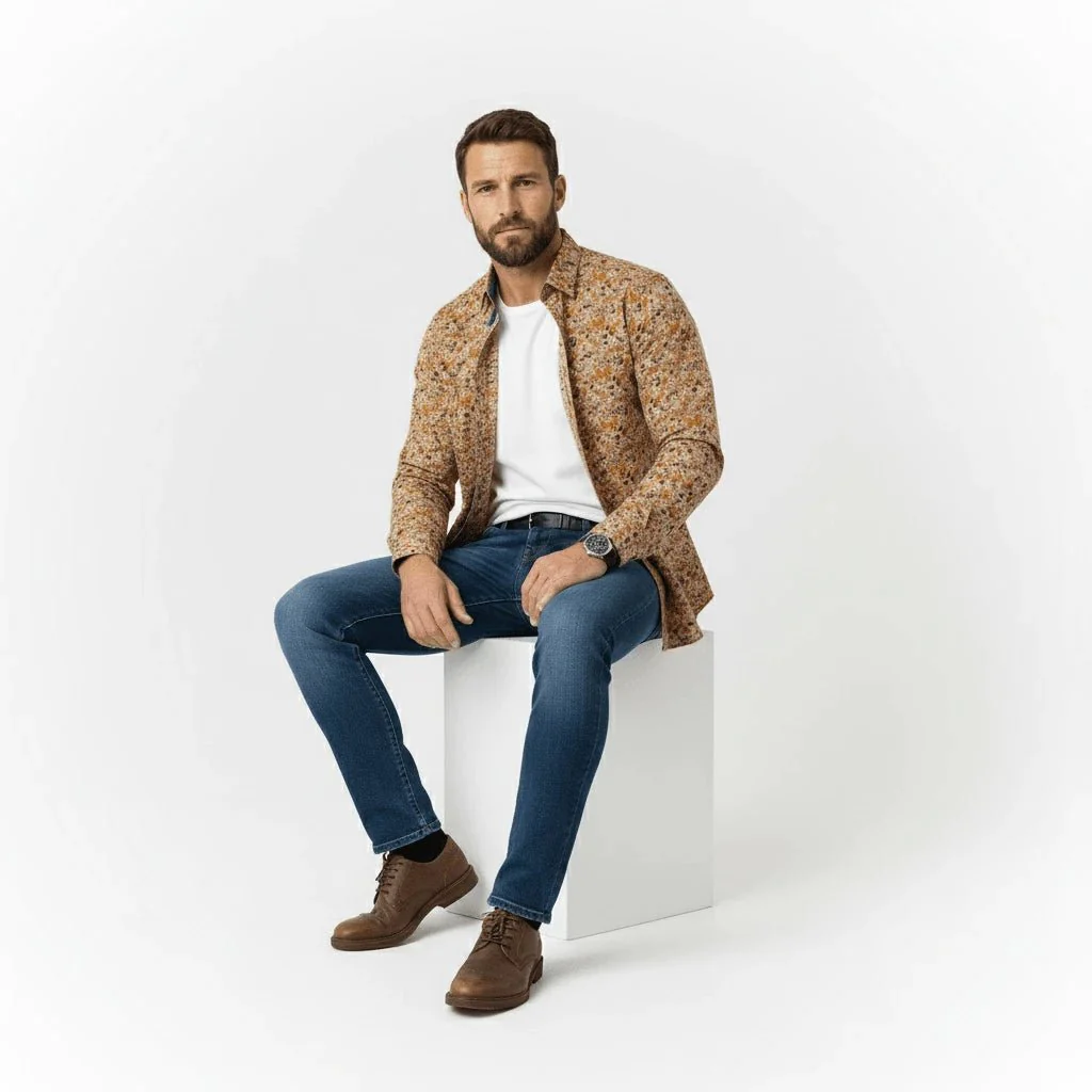 Chemise ml beige imprimé automnal - Image 5