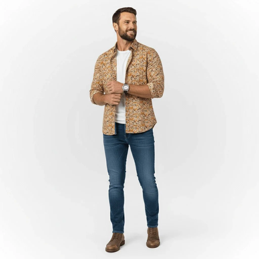 Chemise ml beige imprimé automnal - Image 6