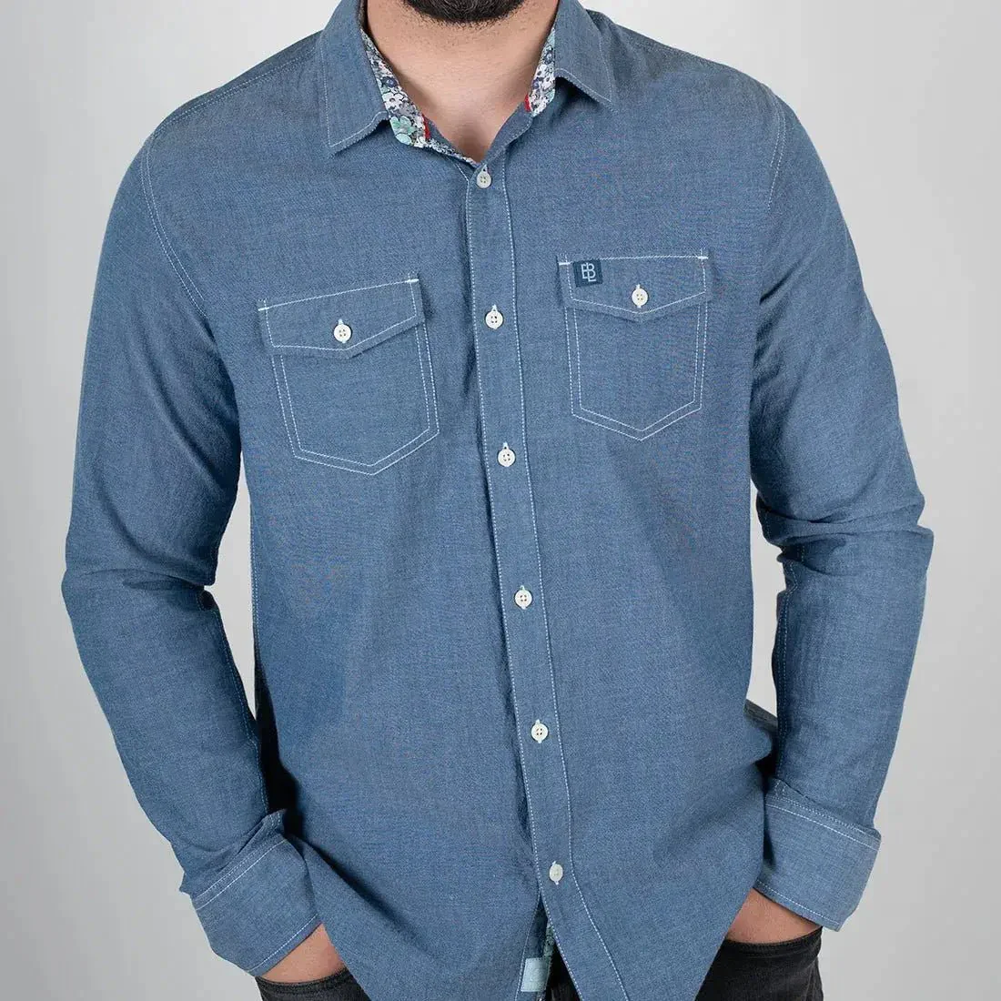 Chemise ml bleu moyen en chambray - Image 5