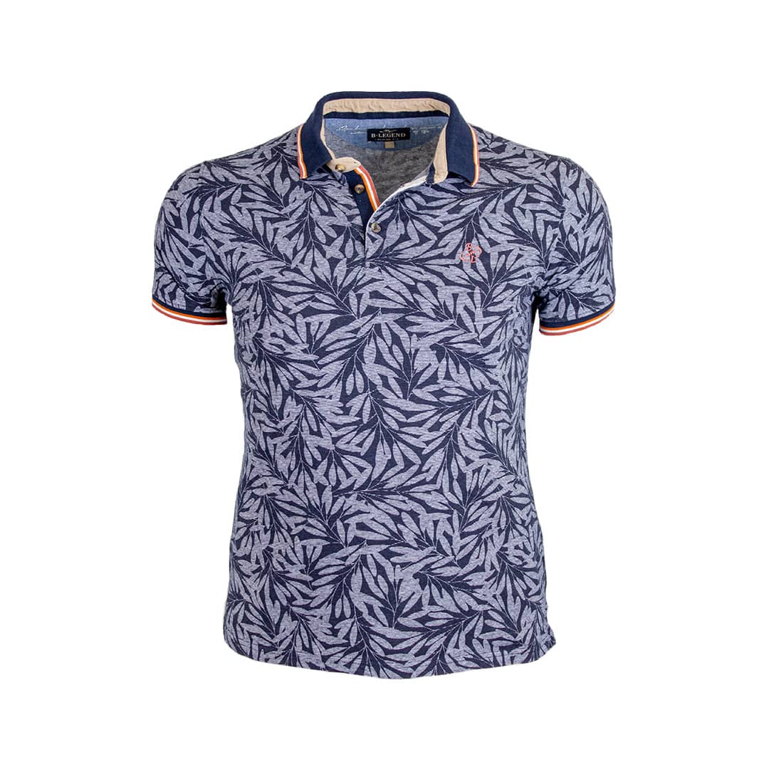 Polo bleu marine imprimé feuilles tropicales