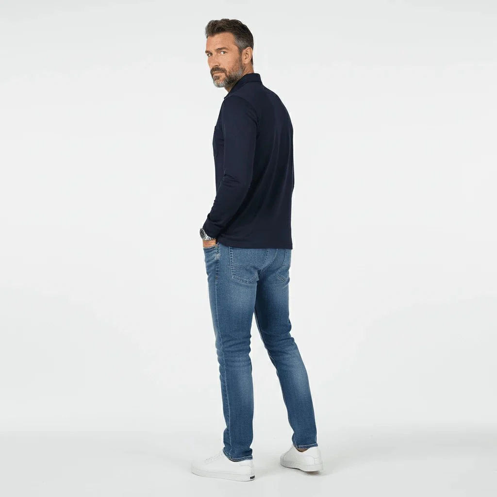 Polo bleu marine mercerisé à manches longues - Image 2