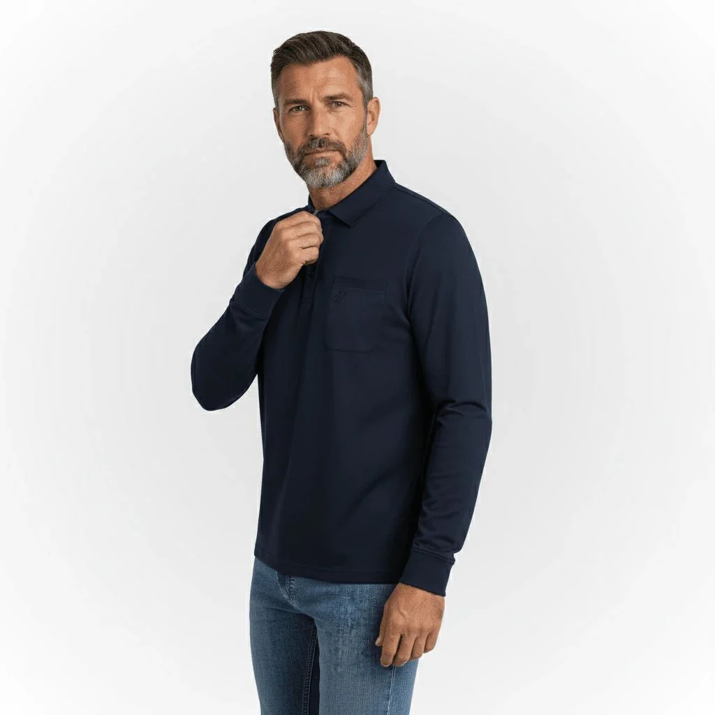 Polo bleu marine mercerisé à manches longues - Image 4