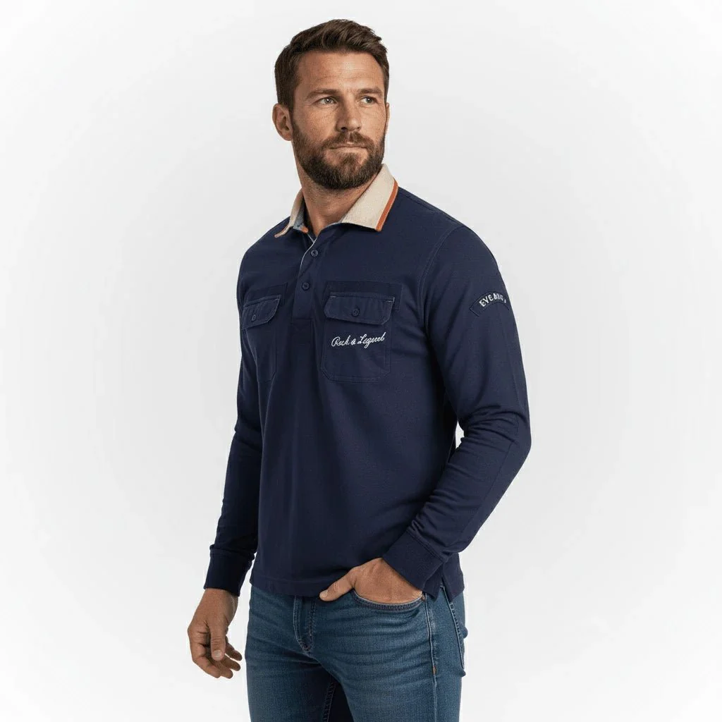 Polo à manches longues bleu marine fanion expédition