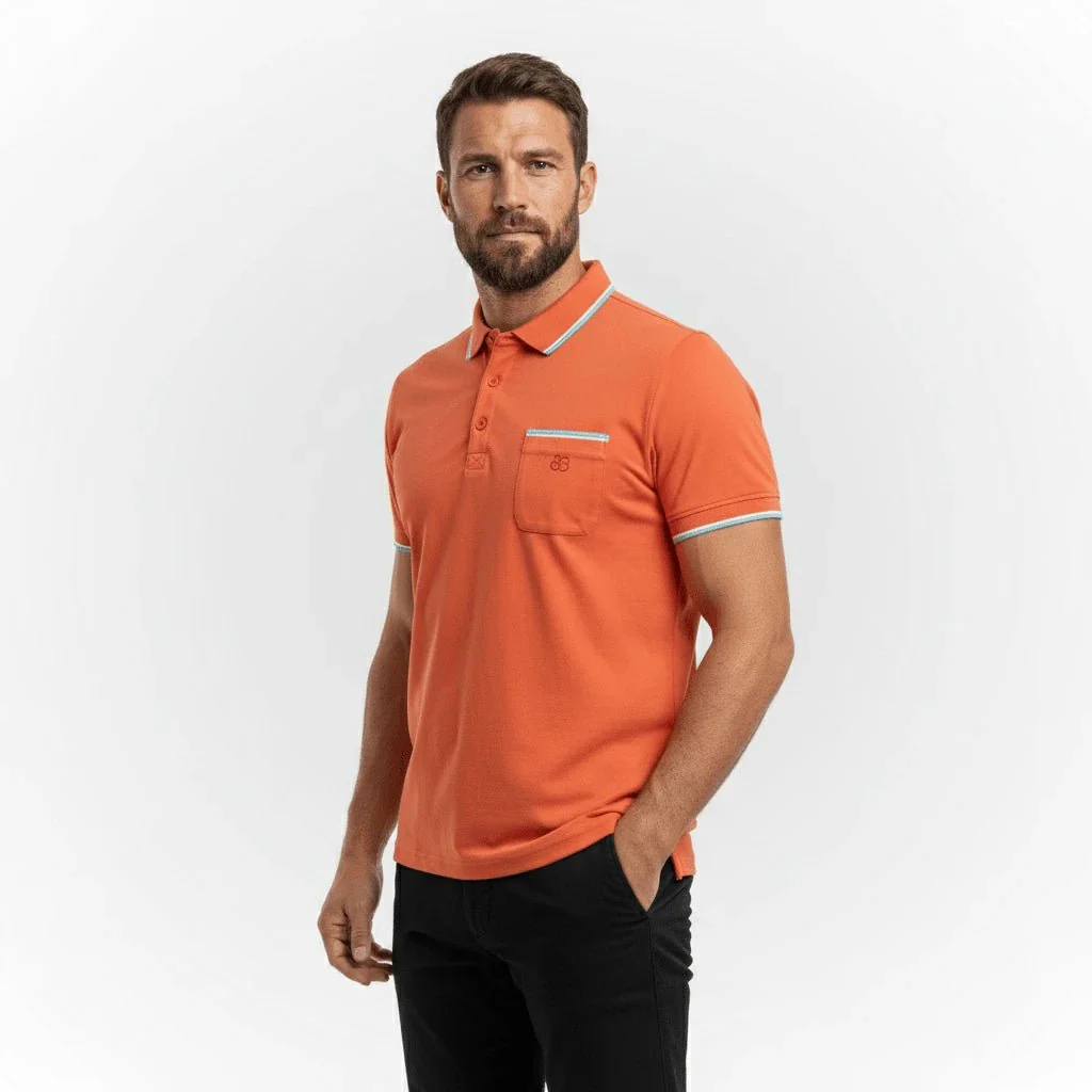 Polo orange col rayé et poche poitrine