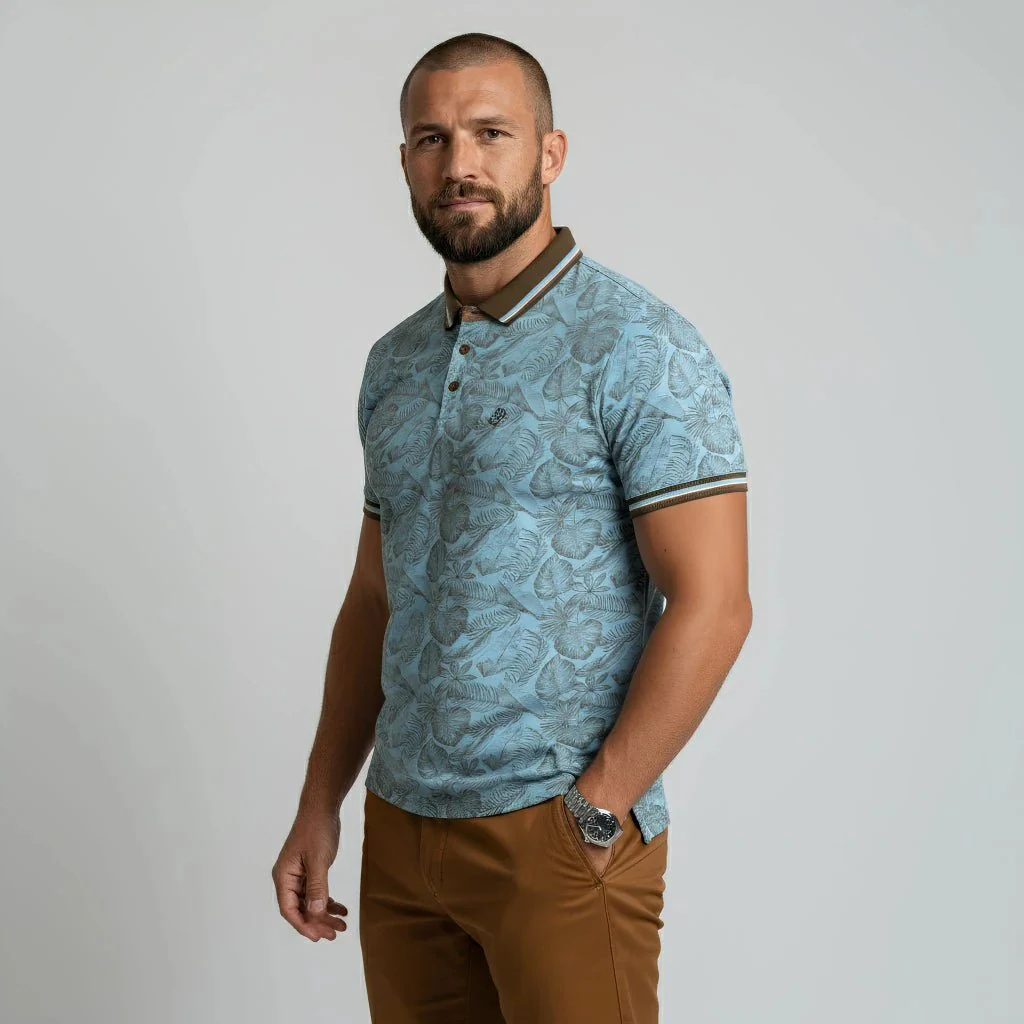 Polo slub bleu ciel imprimé tropical