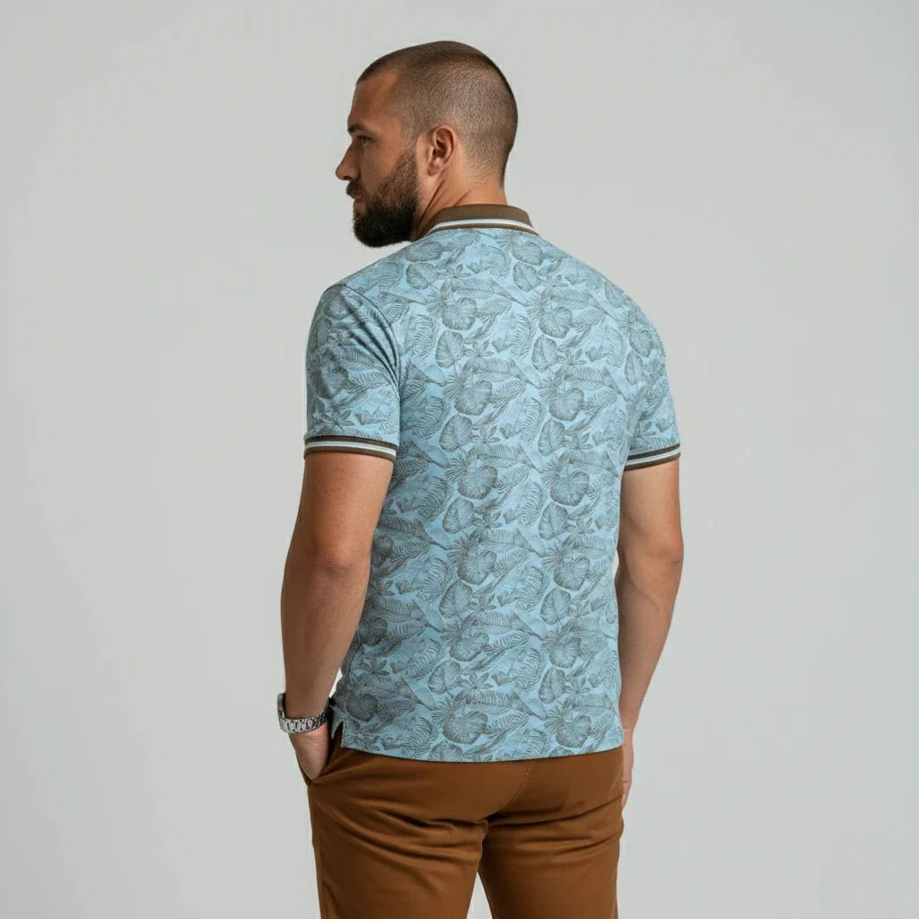 Polo slub bleu ciel imprimé tropical - Image 2