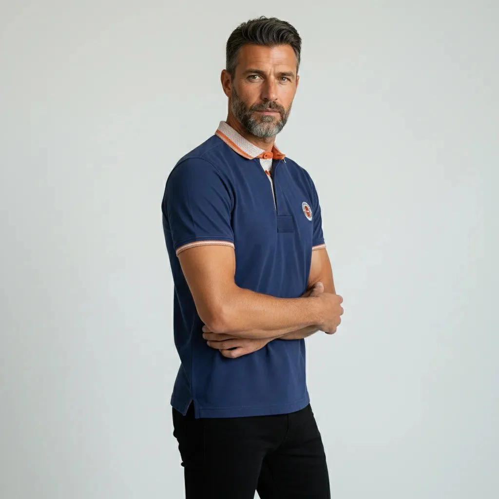 Polo slub bleu indigo col contrasté