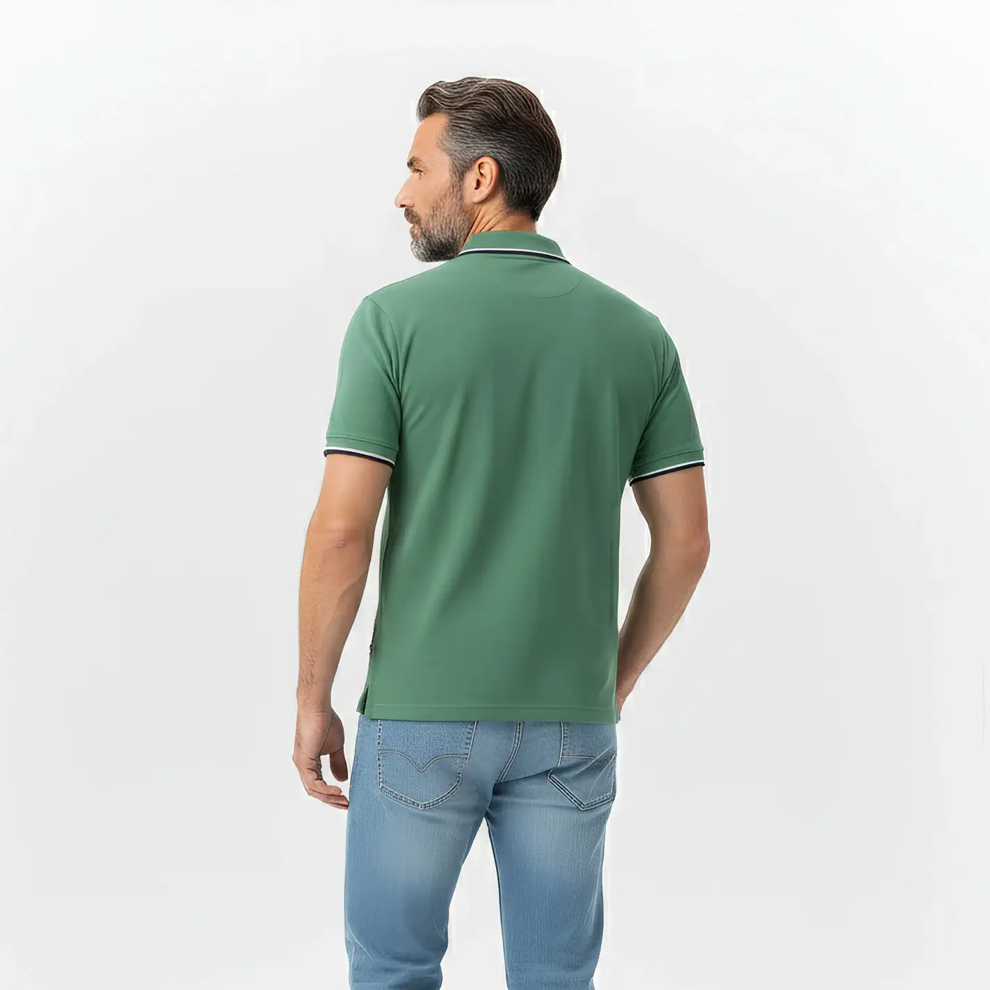 Polo vert col rayé contrasté - Image 2