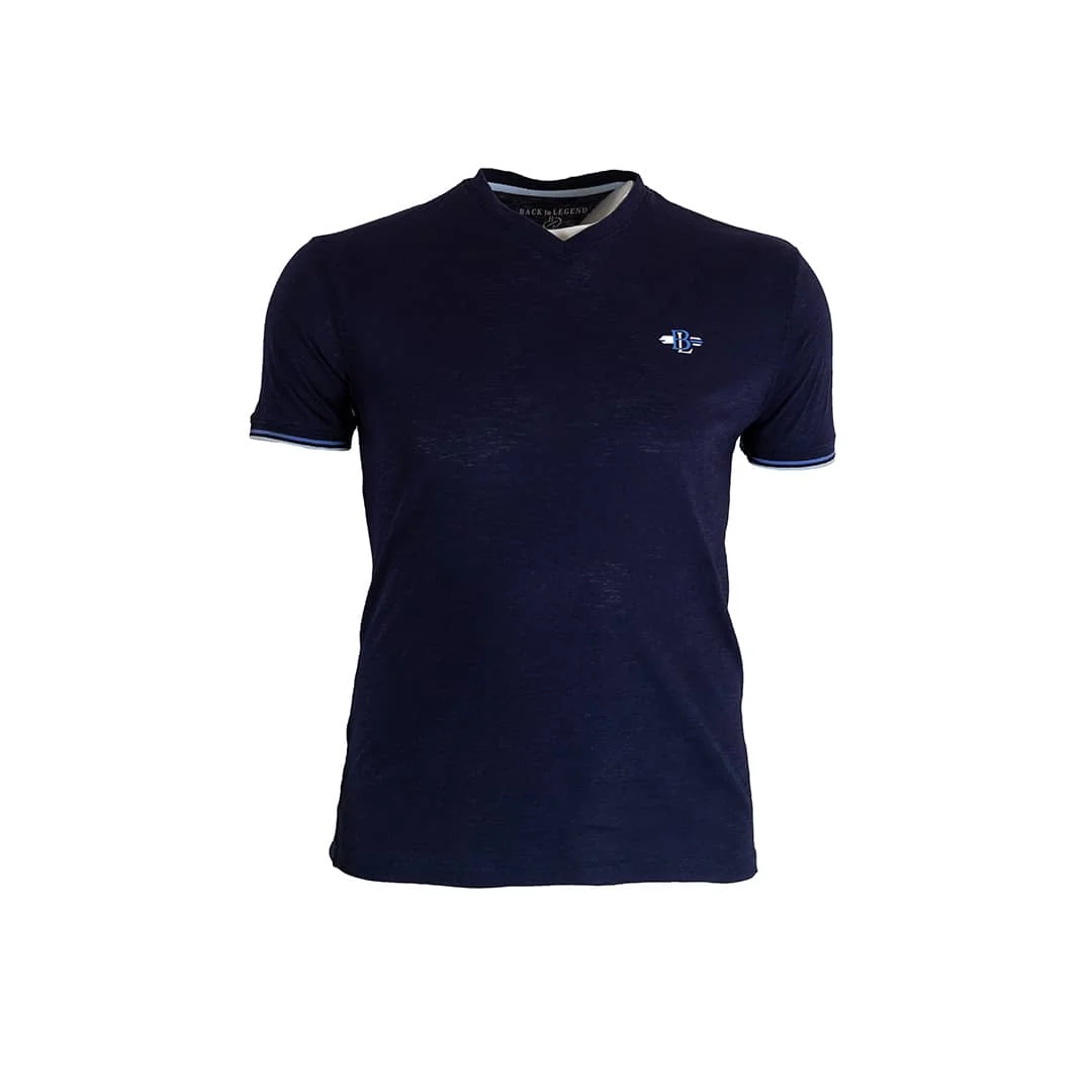 T-shirt slub bleu marine col V