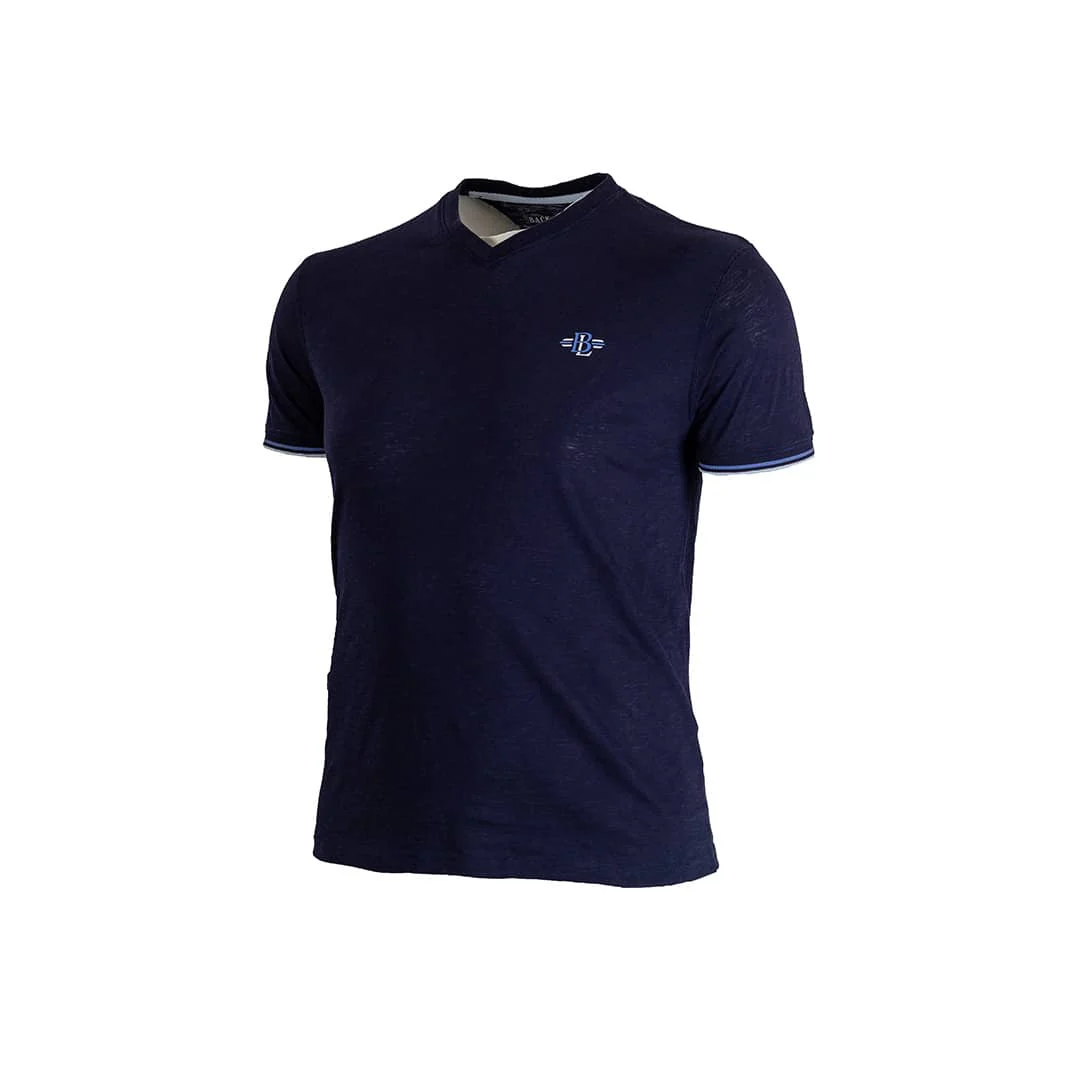 T-shirt slub bleu marine col V - Image 3