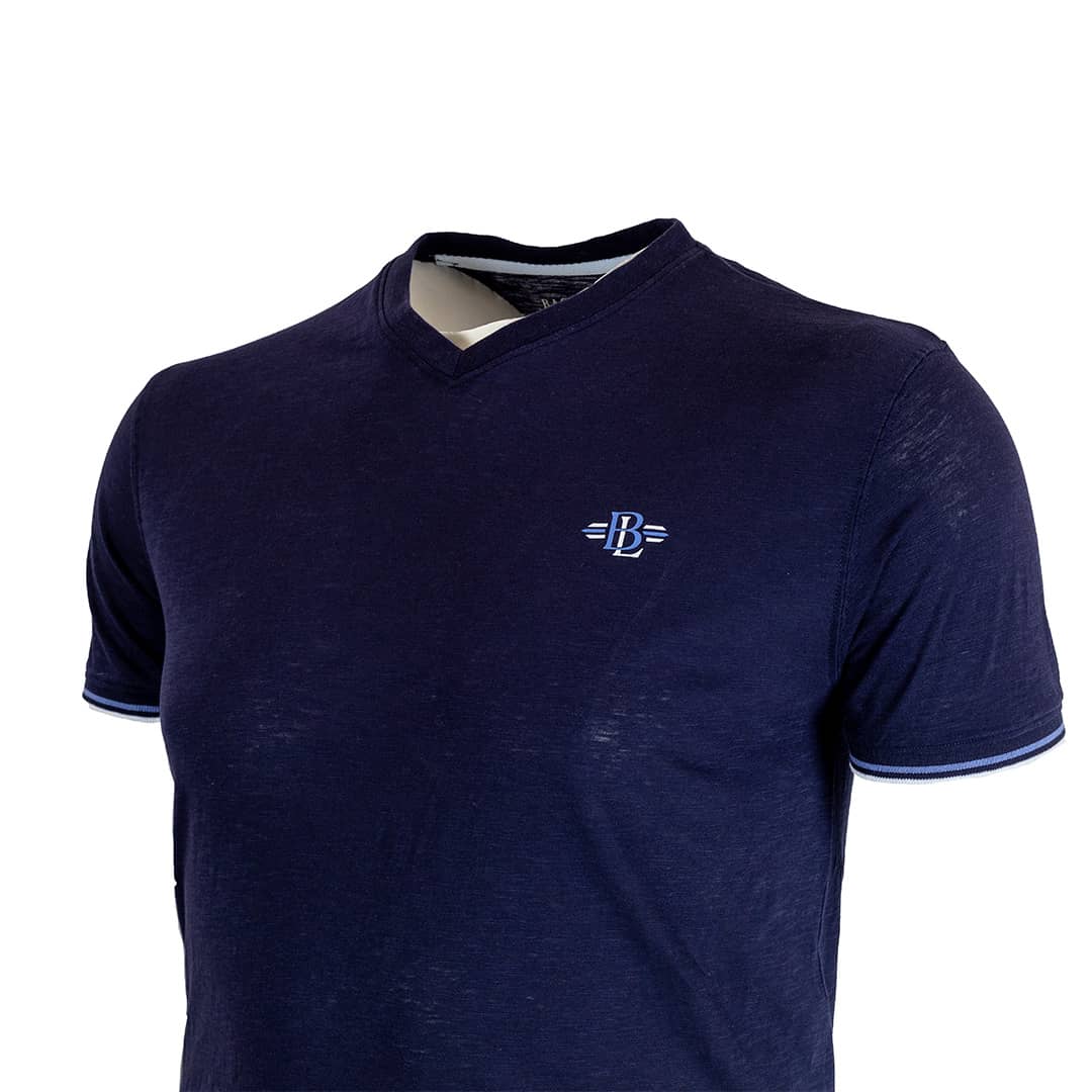 T-shirt slub bleu marine col V - Image 4