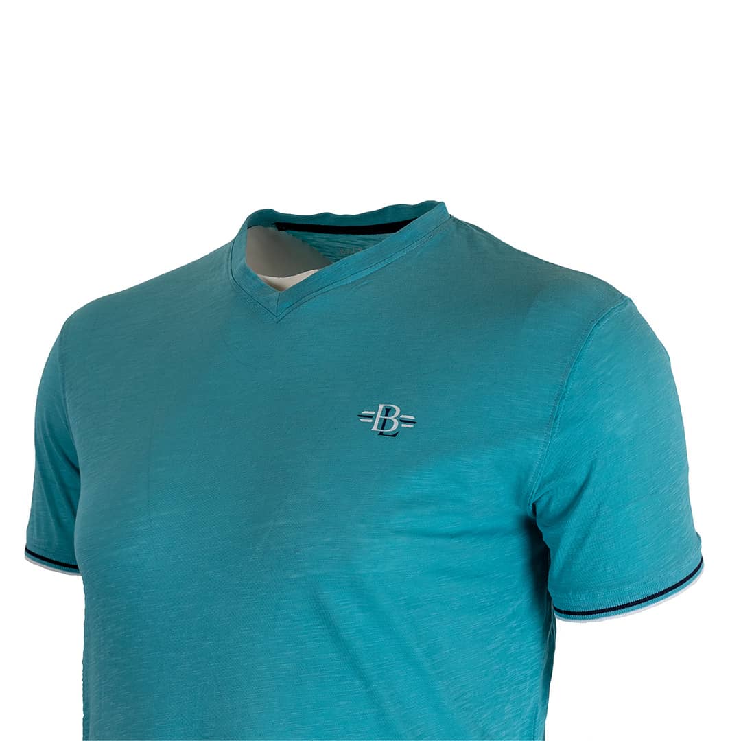 T-shirt slub turquoise col V - Image 3