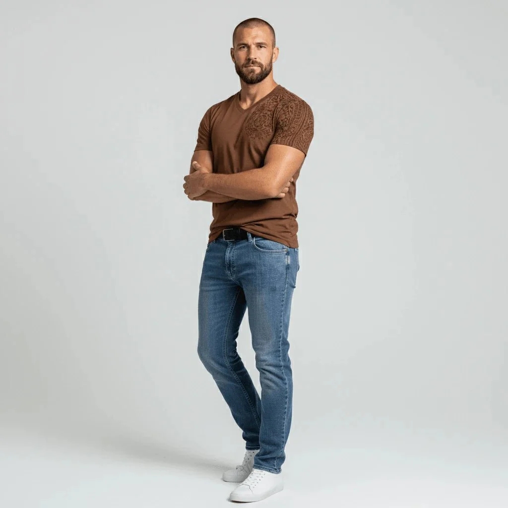 T-shirt maori marron col V